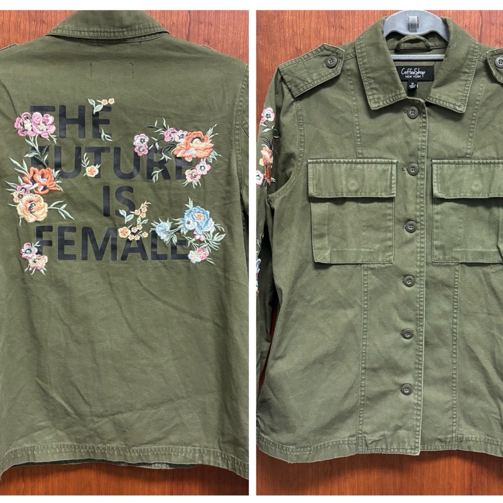 CoffeeShop The Future is Female Green Utility Jacket Floral Embroidery size M